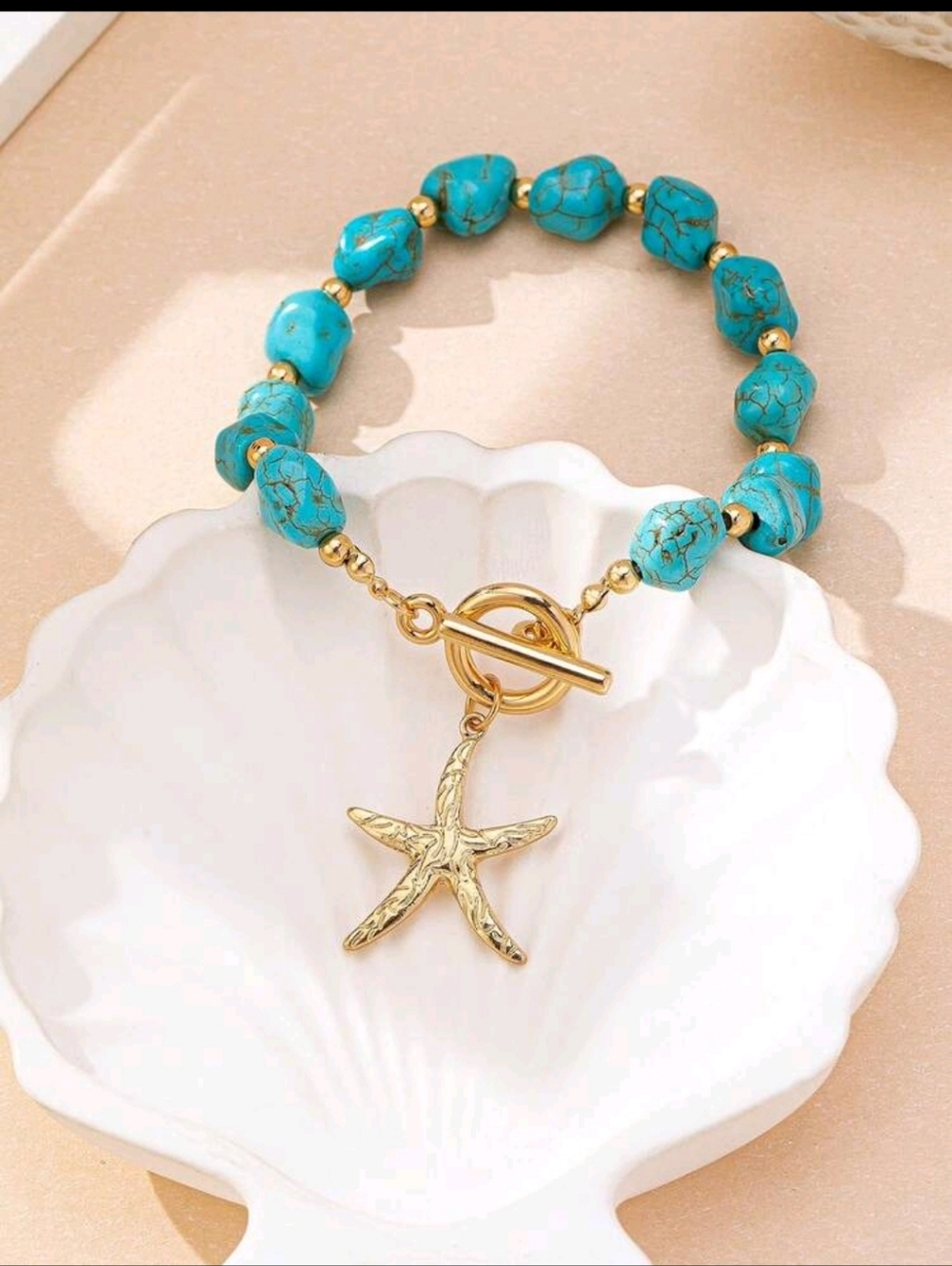 BRAND NEW ** Turquoise Blue  Bead & Gold Starfish Jewelry Set - Picture 5 of 6